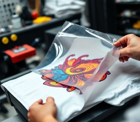 A close-up of a vibrant design being peeled off a transfer film, showcasing the precision of DTF printing.